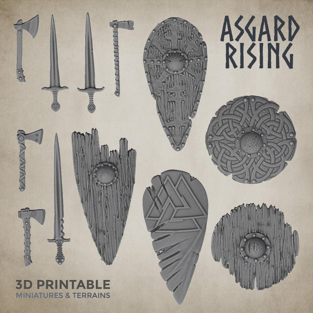 3D Printed Asgard Rising Sword and Shield Weapon Set 6 - 32mm D&D
